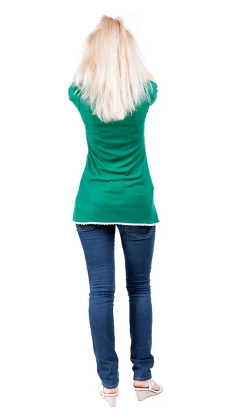 Back view of standing young beautiful blonde woman. — Stock Photo, Image