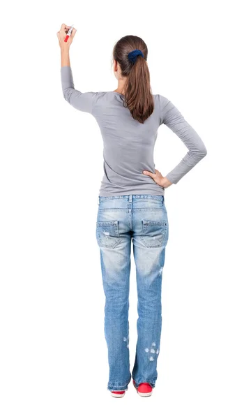 Back view of writing beautiful brunette woman. — Stock Photo, Image