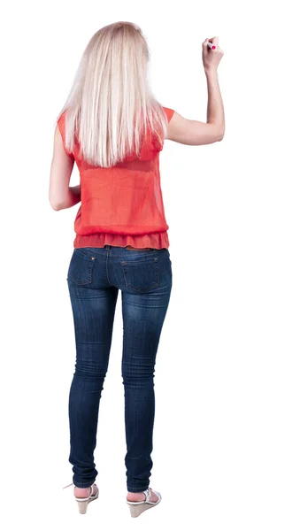 Back view of writing beautiful blonde woman. — Stock Photo, Image