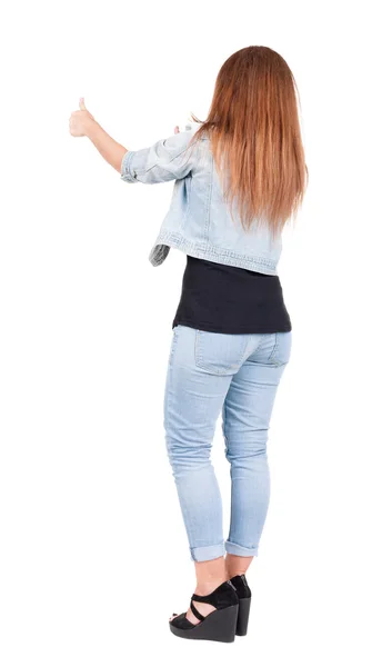 Achteraanzicht van vrouw duimen omhoog. — Stockfoto