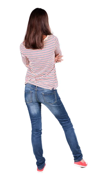 Back view of standing young beautiful brunette woman. — Stock Photo, Image