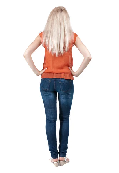 Back view of standing young beautiful blonde woman. — Stock Photo, Image