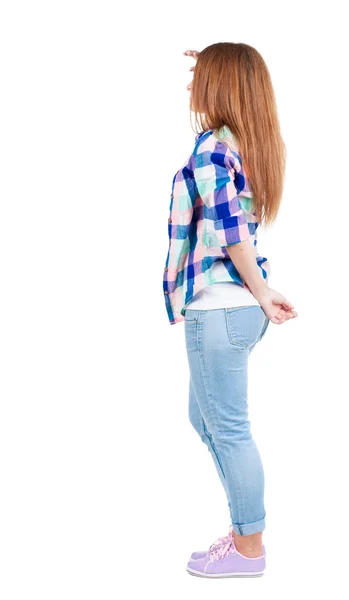 Achteraanzicht van staande jonge mooie redhead vrouw. — Stockfoto