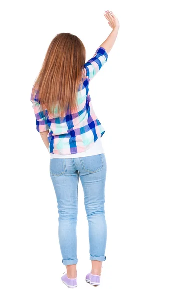 Donna felicemente saluta qualcuno. ragazza agitando. — Foto Stock