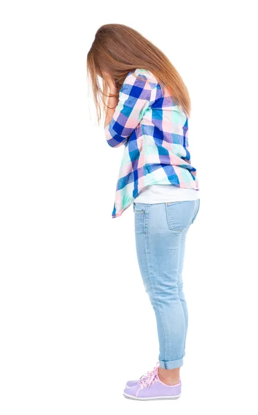 Vista de mulher chocada em jaqueta jeans azul traseira. — Fotografia de Stock