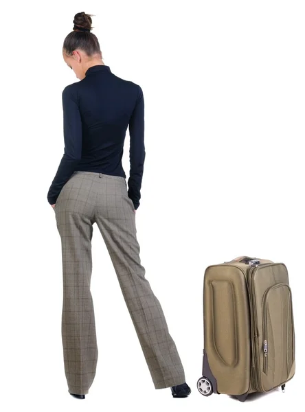 Traveling sad young woman with suitcase. — Stock Photo, Image