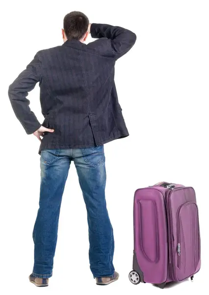 Μικρός expert ταξιδεύουν με suitcas κοιτάζει μπροστά — Φωτογραφία Αρχείου