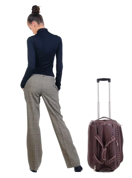 Triste mujer joven con la maleta de viaje . —  Fotos de Stock