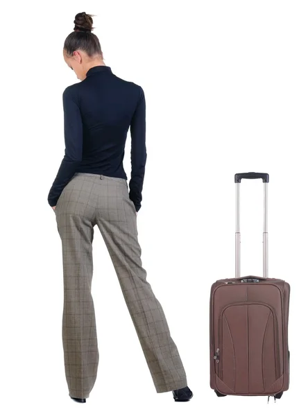 Triste jeune femme avec valise de voyage . — Photo