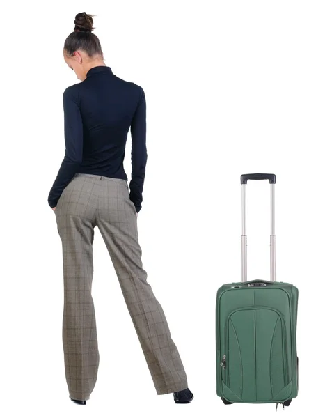 Triste jeune femme avec valise de voyage . — Photo