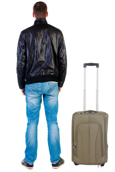 Vue arrière du bel homme en veste au look de valise de voyage — Photo