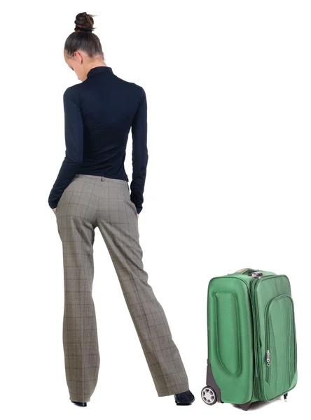 Reizen triest jonge vrouw met suitcas . — Stockfoto