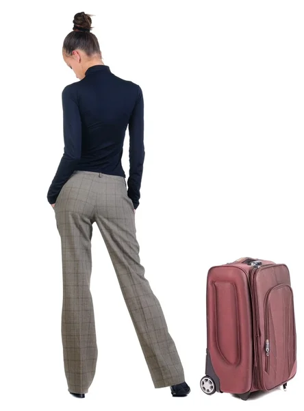 Traveling sad young woman with suitcas . — Stock Photo, Image