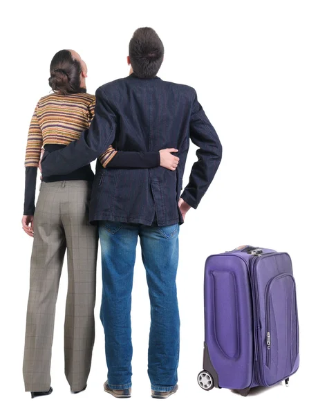 Fiatal pár bőrönddel utazik — Stock Fotó