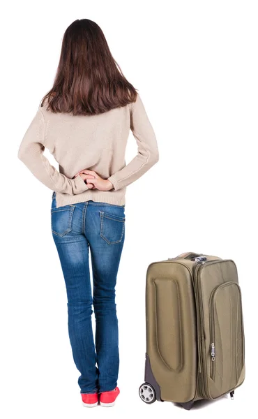 Back view of standing young beautiful brunette woman. — Stock Photo, Image