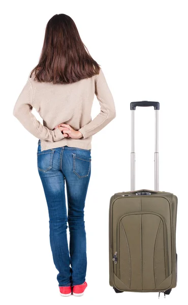 Back view of standing young beautiful brunette woman. — Stock Photo, Image