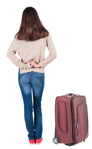 Back view of standing young beautiful brunette woman. — Stock Photo, Image