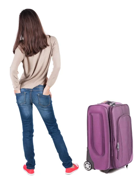 Back view of standing young beautiful brunette woman. — Stock Photo, Image