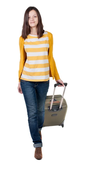 Front view of walking woman with suitcase. — Stock Photo, Image