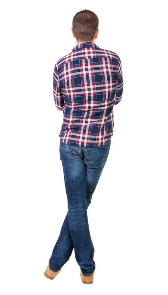 Back view of handsome man in checkered shirt looking up. — Stock Photo, Image