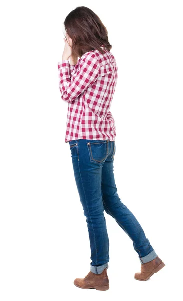 Vista de mulher chocada em camisa quadriculada traseira — Fotografia de Stock