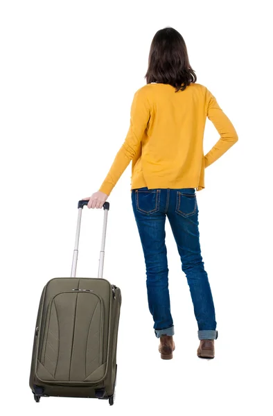 Woman in cardigan with suitcase — Stock Photo, Image