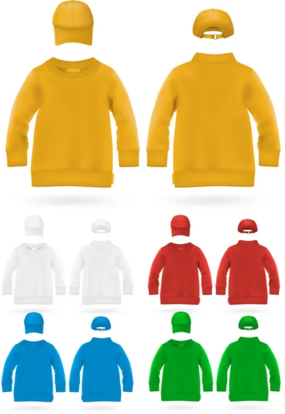 Camisa lisa para niños con gorras de béisbol . — Vector de stock