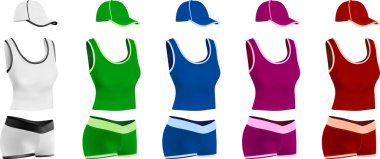 Women's blank sport t-shirt, shorts and hat template set. clipart