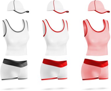 Kadınlar boş spor tişört, şort ve şapka şablon seti.