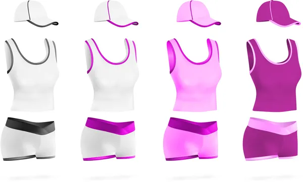 Camiseta deportiva en blanco púrpura de las mujeres, pantalones cortos y conjunto de plantillas de sombrero . — Vector de stock