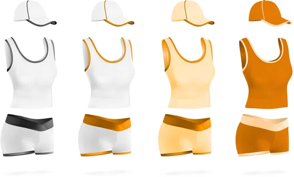 T-shirt sport blanc jaune femme, short et modèle de chapeau . — Image vectorielle