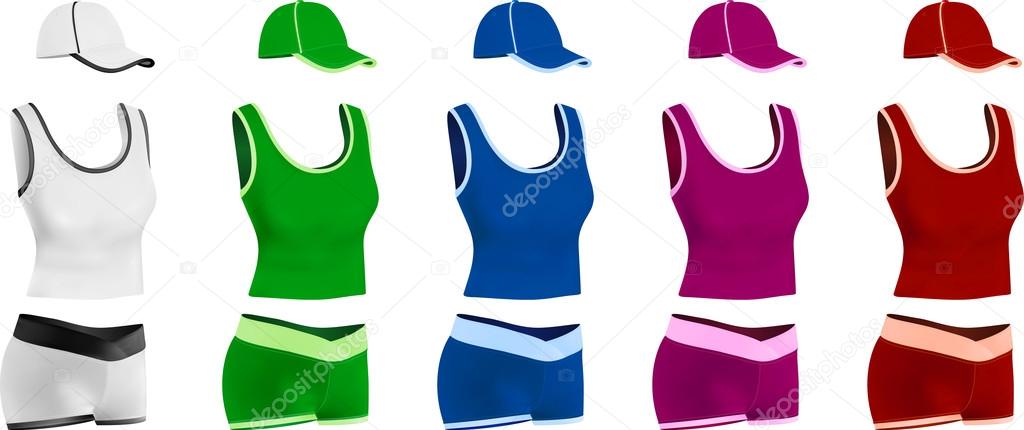 Women's blank sport t-shirt, shorts and hat template set.