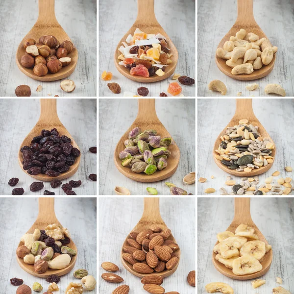 Nuts and dry fruits collage — Stock Photo, Image