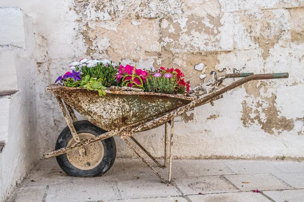 Alte Schubkarre mit Blumen — Stockfoto