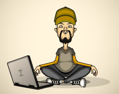 Kullanıcı gri gömlek ve cap dizüstü bilgisayar ile meditasyon