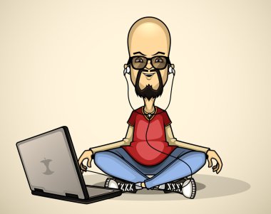 kullanıcı kırmızı gömlek ve bir dizüstü bilgisayar ile güneş gözlüğü meditasyon