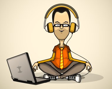 User in orange shirt and headphones with a laptop meditates clipart