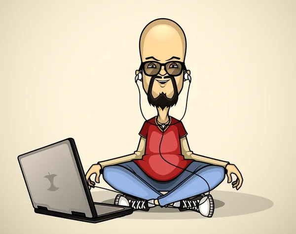 Пользователь в красной рубашке и солнечных очках с ноутбуком медитирует — стоковый вектор