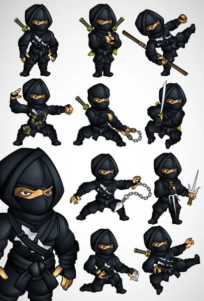 Set of 11 Ninja poses in a black suit — Stock Vector