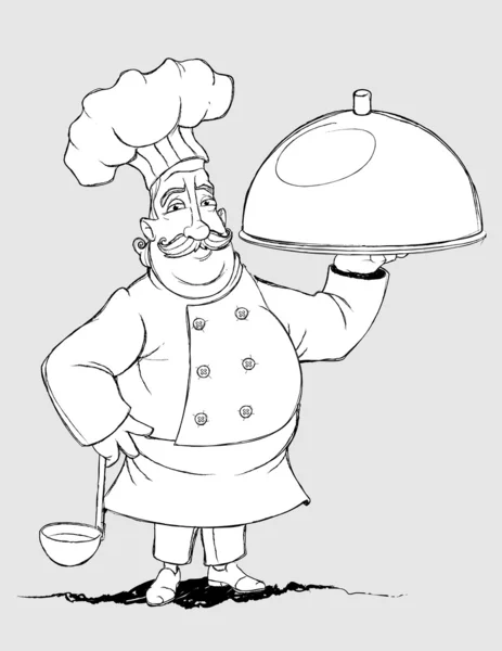 Chef com pratos de assinatura. Desenho à mão livre —  Vetores de Stock