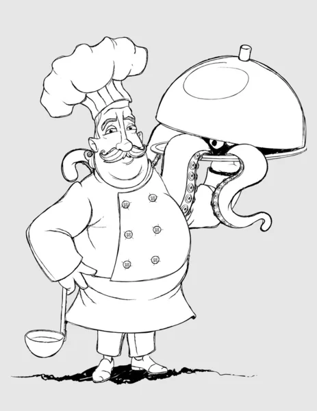Chef con platos característicos de tentáculos. Dibujo a mano alzada — Vector de stock