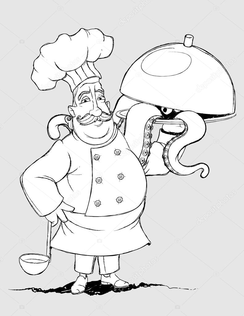 Chef with signature dishes of tentacles. Freehand drawing