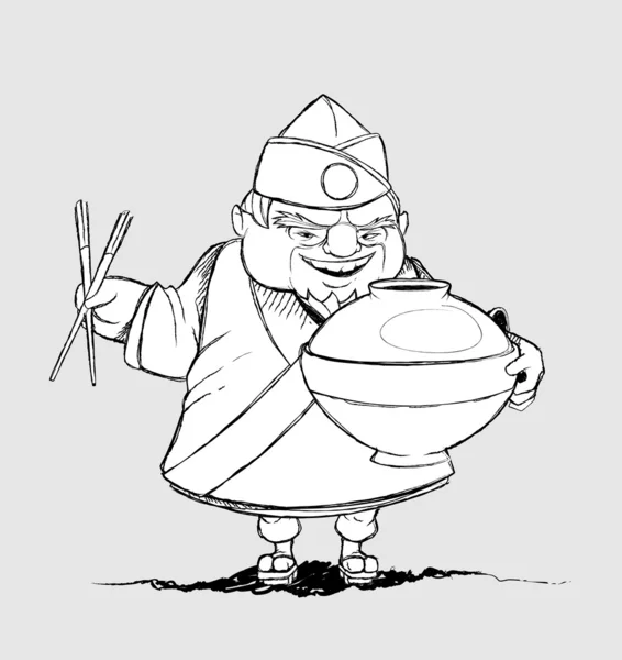 Chef japonés con platos de autor. Dibujo a mano alzada — Archivo Imágenes Vectoriales