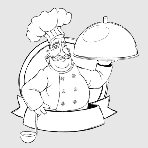 Chef con plato en el cartel. Estilo de dibujo a mano alzada — Vector de stock