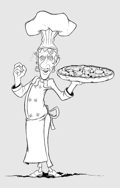 Chef avec pizza à la main. Dessin à main levée — Image vectorielle