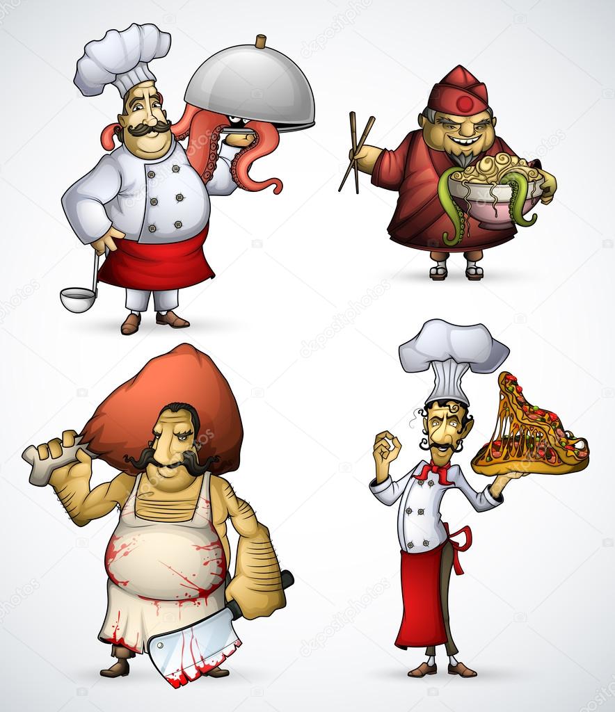 Set of four chefs with strange and exotic dishes