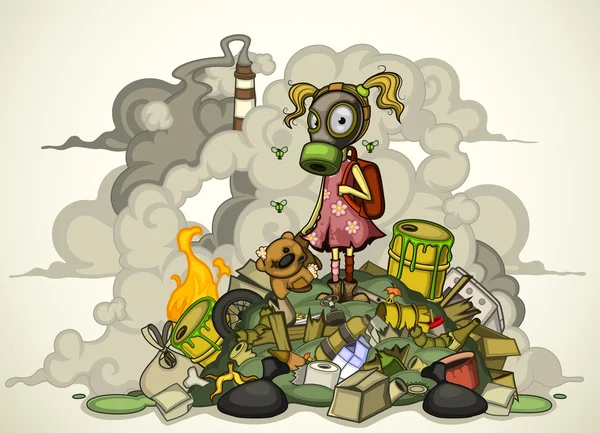 Child in a gas mask standing on a pile of garbage. Isolated Stock Vector