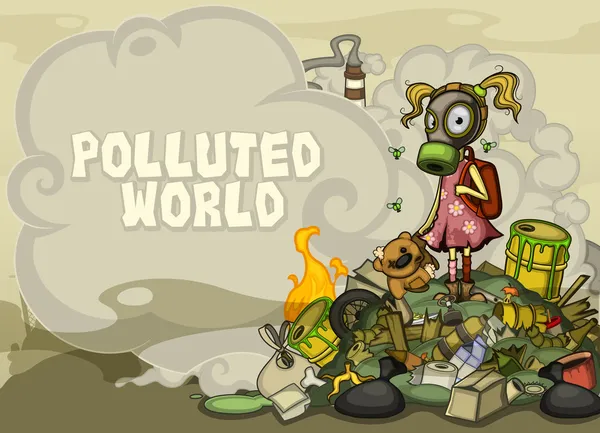 Child in a gas mask standing on a pile of garbage. With space for text side Royalty Free Stock Vectors
