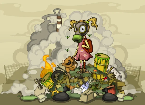 Child in a gas mask standing on a pile of garbage Royalty Free Stock Illustrations