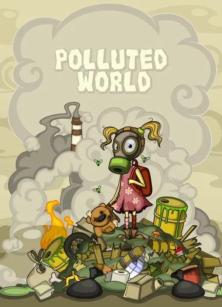 Child in a gas mask standing on a pile of garbage. With space for text top Stock Illustration